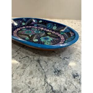 Vintage Mexican Folk Art Batea Bowl Signed Wood Blue Purple Abstract 14x10 JL